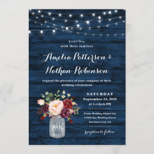 Invitación Boda floral ruso azul y borgoña Rubor