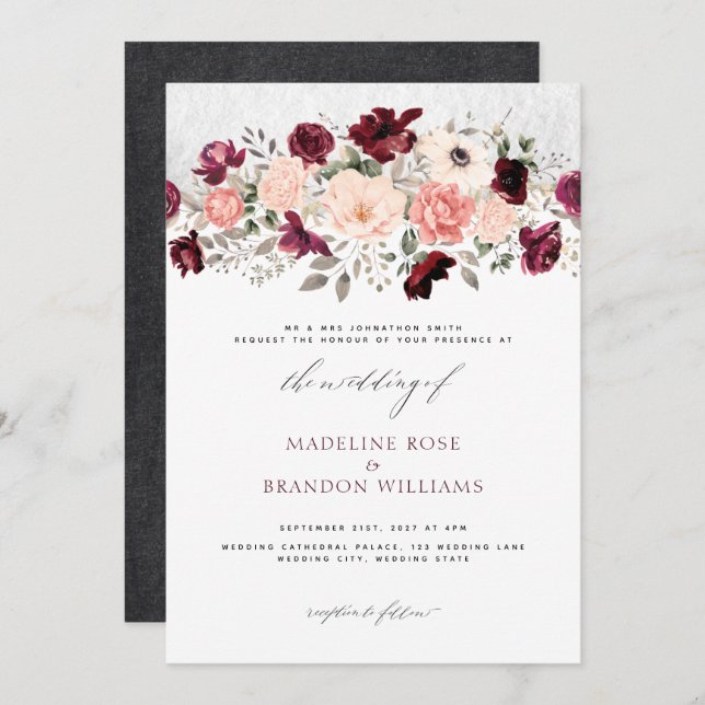 Invitación Boda floral ruso de Rubor en Borgoña (Anverso / Reverso)