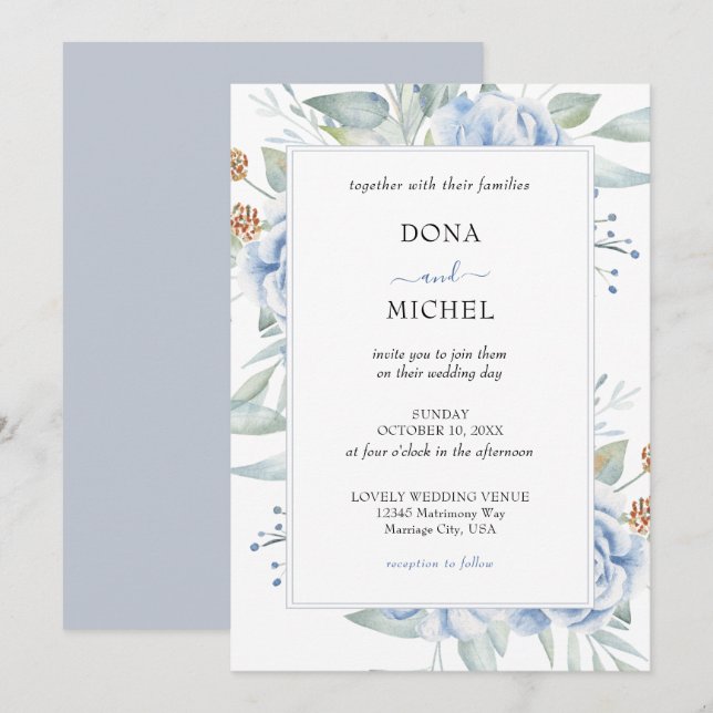Invitación Boda Floral Rustic Blue Winter (Anverso / Reverso)
