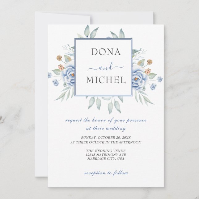 Invitación Boda Floral Rustic Blue Winter (Anverso)