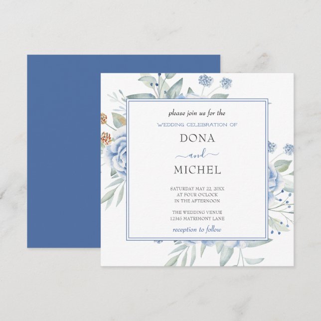 Invitación Boda Floral Rustic Blue Winter (Anverso / Reverso)