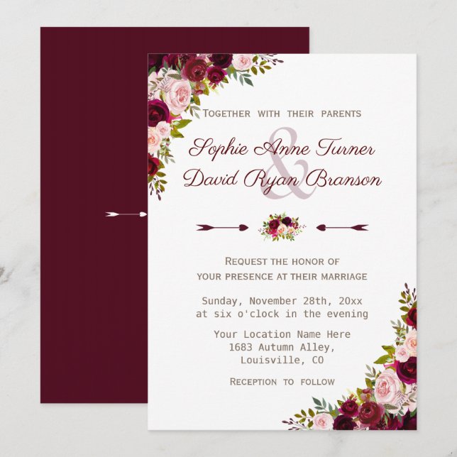 Invitación Boda floral Rustic Burgundy Marsala (Anverso / Reverso)