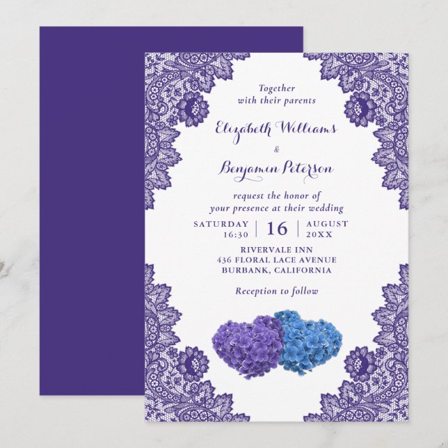 Invitación Boda floral Rustic Lace Purple y Blue Floral (Anverso / Reverso)