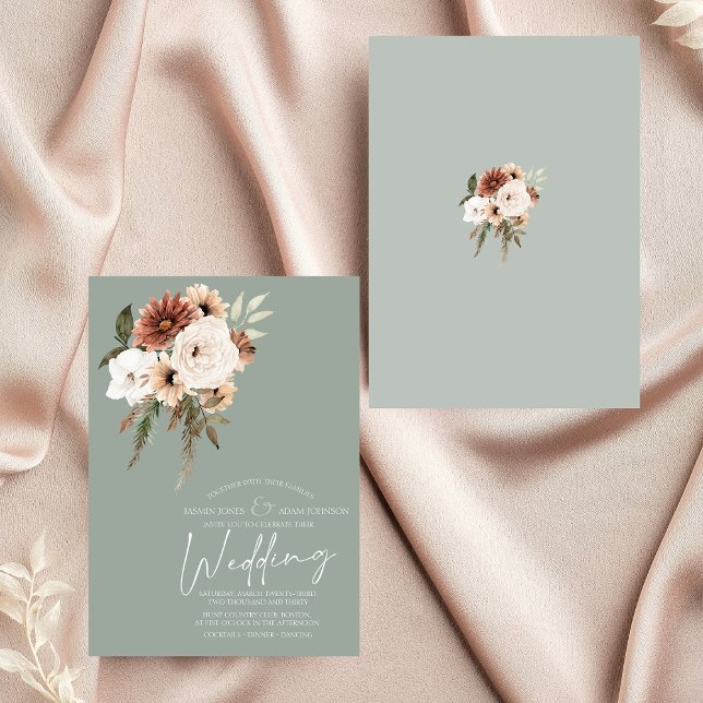 Invitación Boda floral Rustic Sage Green Peach (Rustic Sage Green Peach Floral Wedding Invitation)