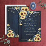 Invitación Boda floral Rustic Sunflower Navy Blue Wood<br><div class="desc">Crea la invitación de boda perfecta con este diseño floral de color bonito y azul marino, con madera azul marino, luces de cuerda y tipografía con escritura con letras a mano. Póngase en contacto con el diseñador para obtener productos coincidentes. Muchas gracias por apoyar a nuestra pequeña empresa, ¡realmente lo...</div>