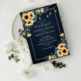 Invitación Boda floral Rustic Sunflower Navy Blue Wood
