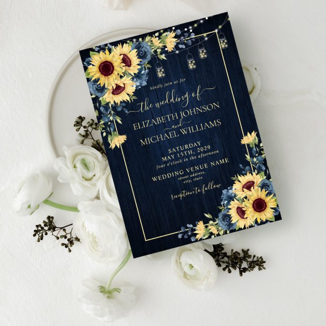 Invitación Boda floral Rustic Sunflower Navy Blue Wood (Subido por el creador)