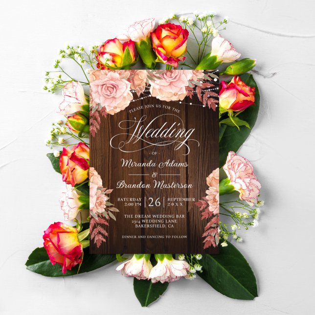 Invitación Boda Floral Rustic Wood and String Lights (Subido por el creador)