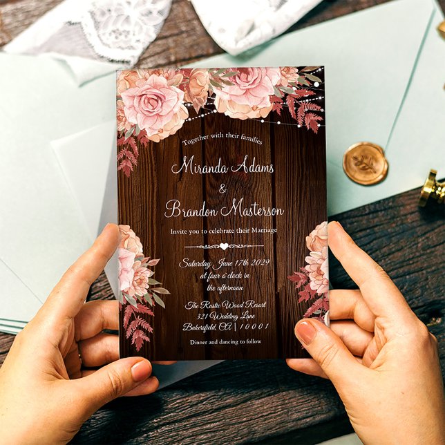 Invitación Boda Floral Rustic Wood and String Lights (Subido por el creador)