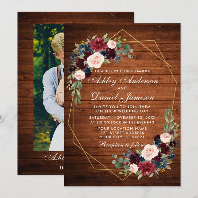 Invitación Boda Floral Rustic Wood Geometric Gold Photo (Anverso / Reverso)