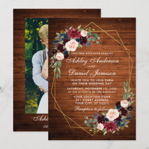 Invitación Boda Floral Rustic Wood Geometric Gold Photo
