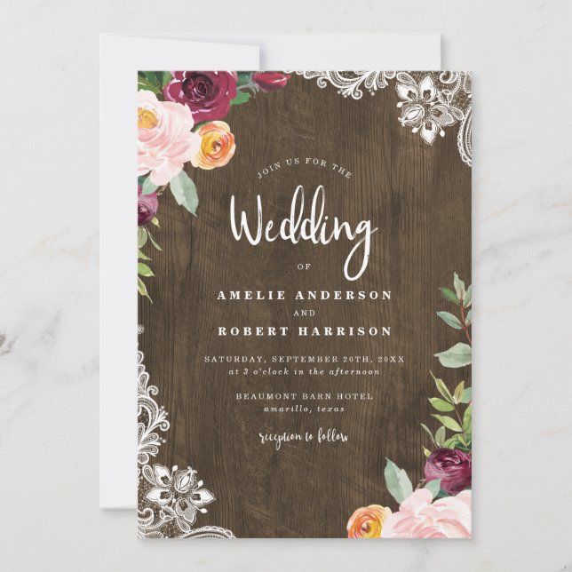 Invitación Boda floral Rustic Wood & Lace Burgundy Rubor (Anverso)