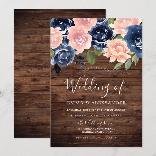 Invitación Boda floral Rustic Wood Rubor & Navy (Anverso / Reverso)