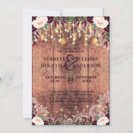 Invitación Boda floral Rustic Wood & String Lights