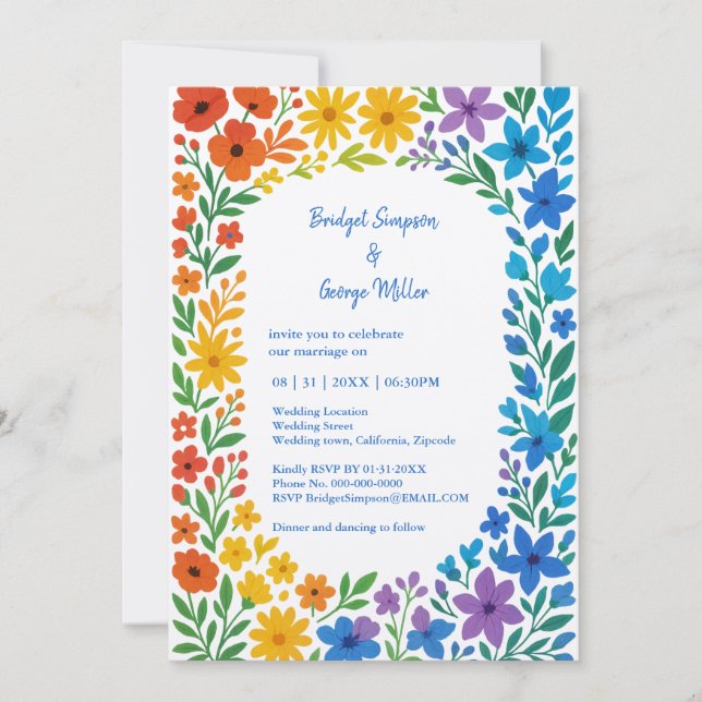Invitación Boda floral rústica arcoíris (Anverso)