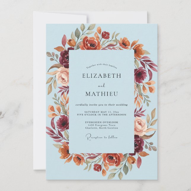 Invitación Boda Floral Rústica Azul Claro (Anverso)