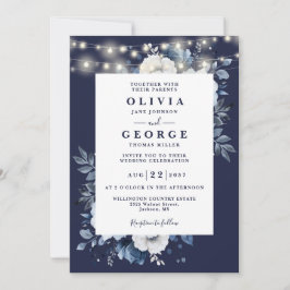 Invitación Boda Floral Rústica Azul Marino Todo en Uno