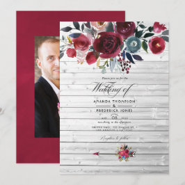 Invitación Boda Floral Rústica Boho Chic Burgundy y Azul Mari