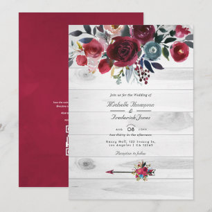 Invitación Boda Floral Rústica Boho Chic Burgundy y Azul Mari