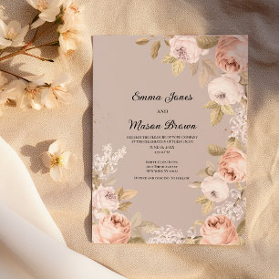 Invitación Boda floral rústica boho rosa coral malva marfil