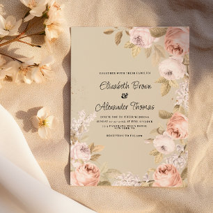 Invitación Boda floral rústica boho rosa coral marfil
