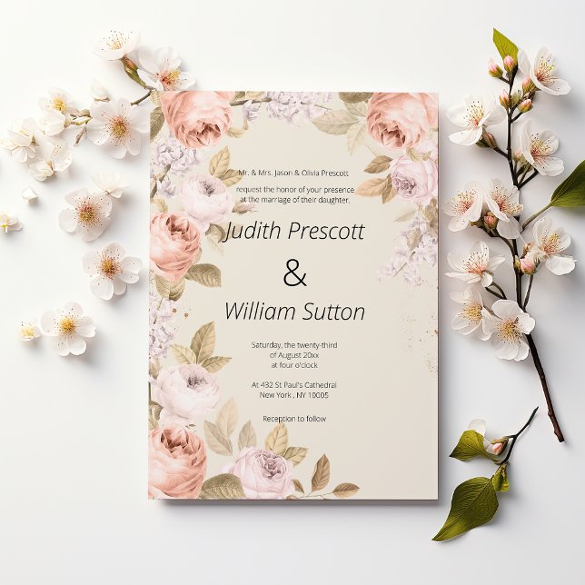 Invitación Boda floral rústica boho rosa coral marfil  (Boho rustic pink coral mauve ivory floral Wedding )