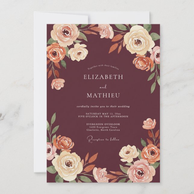 Invitación Boda Floral Rústica Borgoña (Anverso)