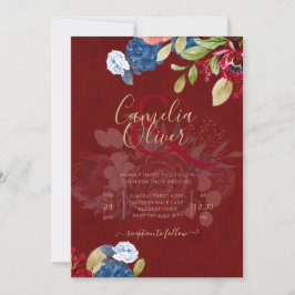 Invitación Boda Floral Rústica Borgoña Azul