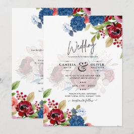 Invitación Boda Floral Rústica Borgoña Azul