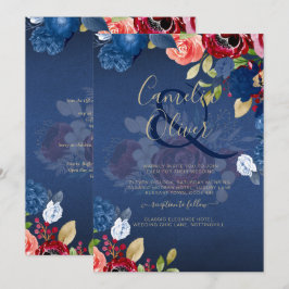 Invitación Boda Floral Rústica Borgoña Azul