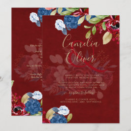 Invitación Boda Floral Rústica Borgoña Azul