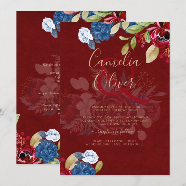 Invitación Boda Floral Rústica Borgoña Azul (Anverso / Reverso)