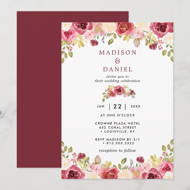 Invitación Boda Floral Rústica con Toque de Borgoña (Anverso / Reverso)