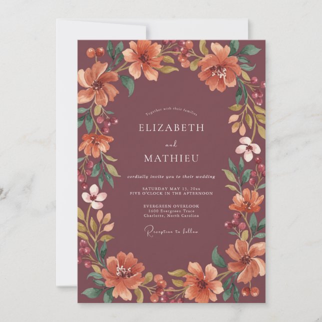 Invitación Boda Floral Rústica Coral Malva (Anverso)