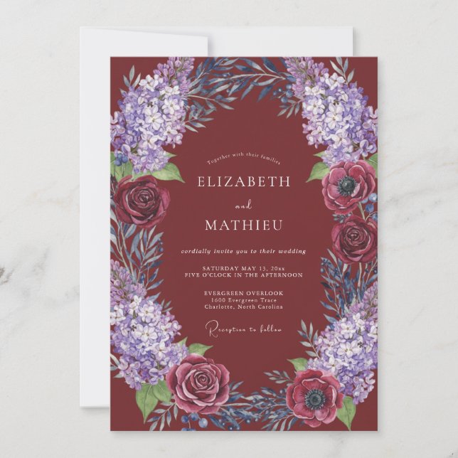Invitación Boda floral rústica de Borgoña (Anverso)