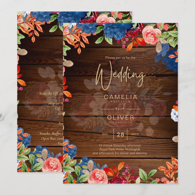 Invitación Boda Floral Rústica de Borgoña Azul (Anverso / Reverso)
