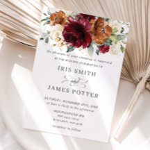 Boda floral rústica de Borgoña, naranja quemada y 