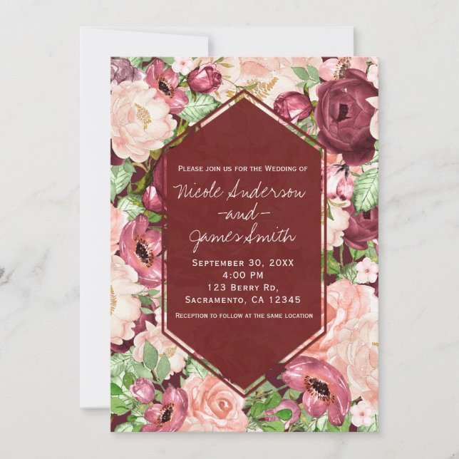 Invitación Boda floral rústica de color burdeos marsala (Anverso)