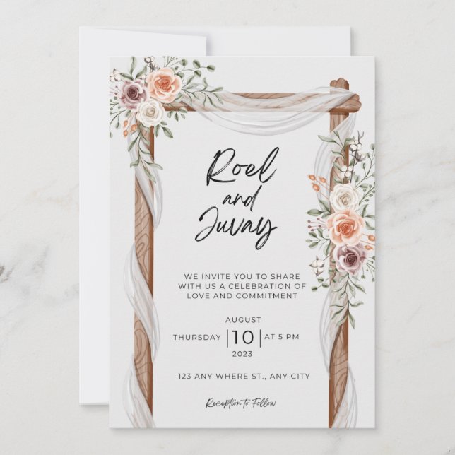Invitación Boda floral rústica de color marrón blanco (Anverso)