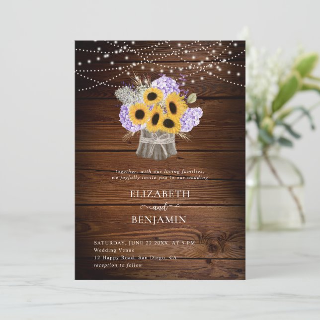Invitación Boda Floral Rústica de girasol Hydrangea Wood (Anverso de pie)