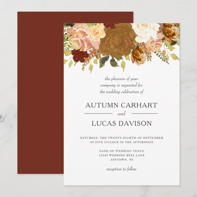 Invitación Boda Floral Rústica de Jardín de Otoño (Anverso / Reverso)