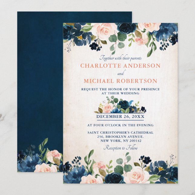 Invitación Boda floral rústica de la Marina Azul Rosa de Rubo (Anverso / Reverso)
