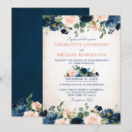 Invitación Boda floral rústica de la Marina Azul Rosa de Rubo
