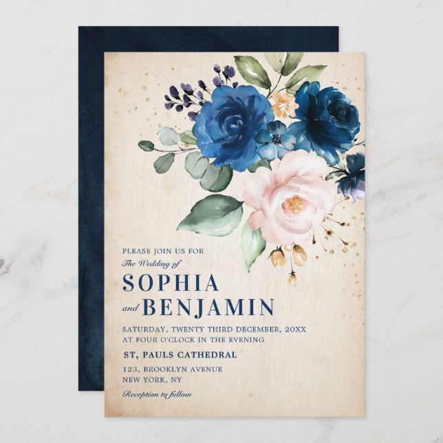 Invitación Boda floral rústica de la Marina Azul Rosa de Rubo (Anverso / Reverso)