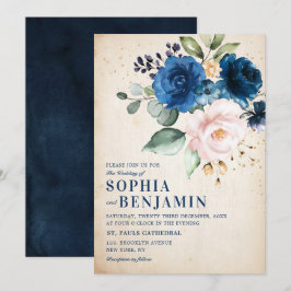 Invitación Boda floral rústica de la Marina Azul Rosa de Rubo