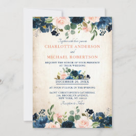 Invitación Boda floral rústica de la Marina Azul Rosa de Rubo