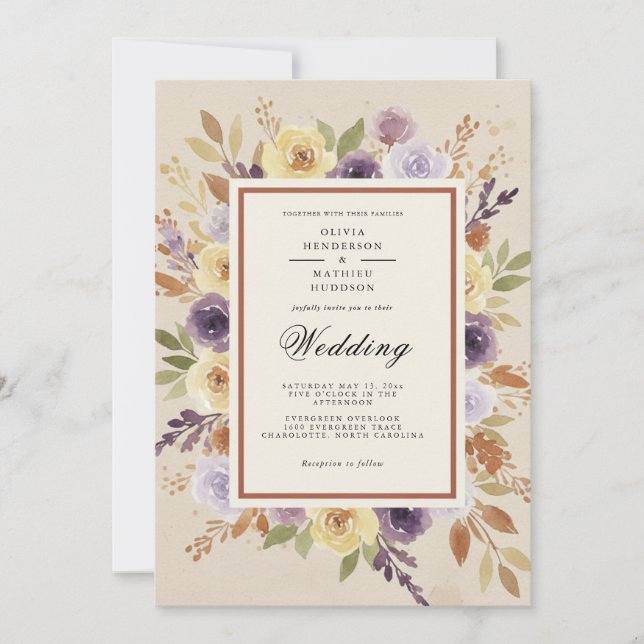 Invitación Boda floral rústica de lavanda (Anverso)