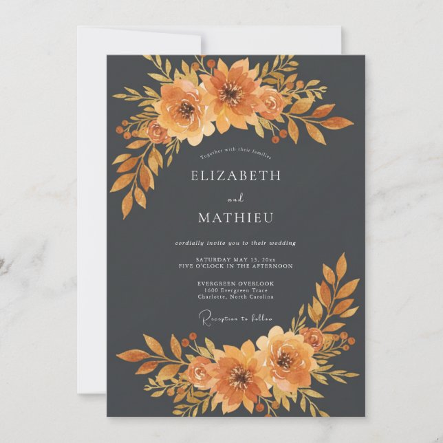 Invitación Boda floral rústica de naranja quemada (Anverso)
