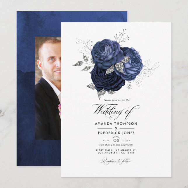 Invitación Boda floral rústica de navío y falso brillo platea (Anverso / Reverso)