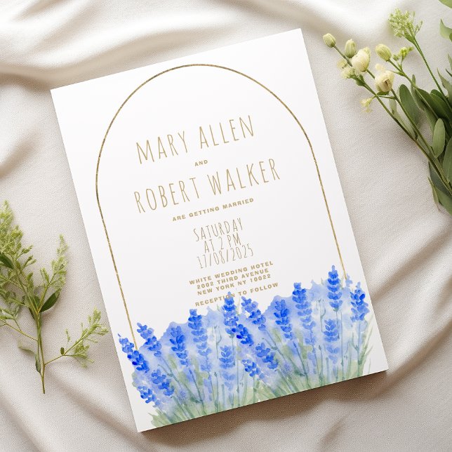 Invitación Boda floral rústica de oro blanco y lavanda azul (Rustic white gold lavender blue floral wedding)